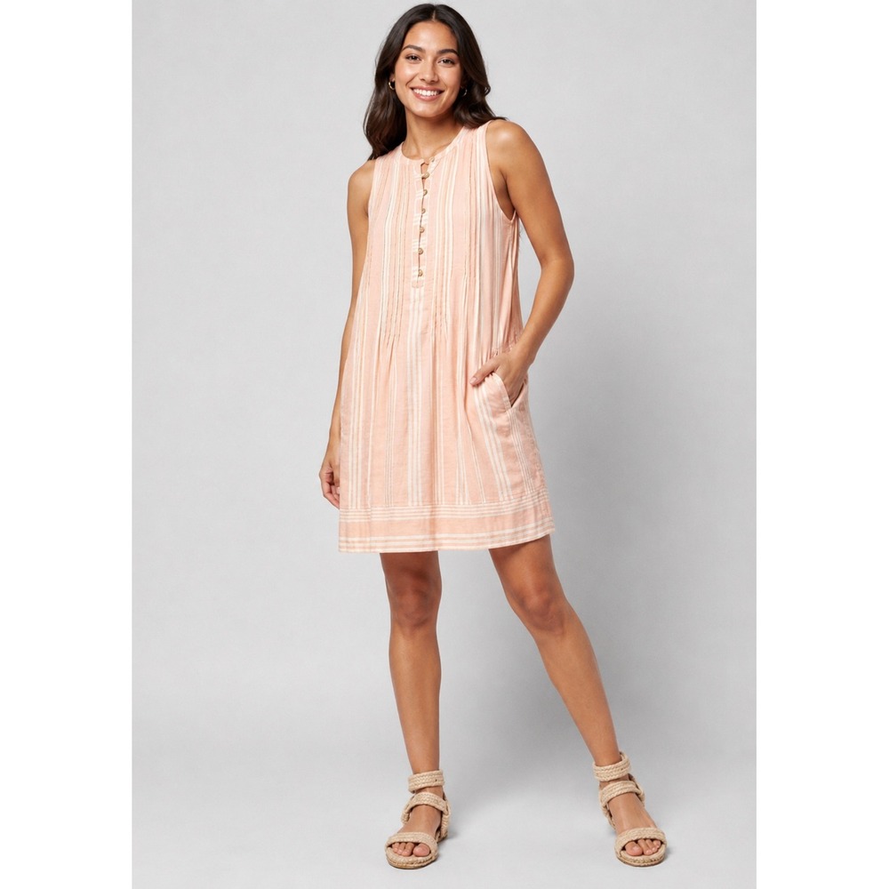 Faherty Dream Cotton Gauze Isha Dress Peach Sepia Neutral Stripe Pintuck Dress S